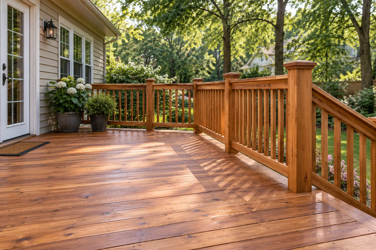 Spacious wooden deck with railings overlooking wooded backyard and potted flowers