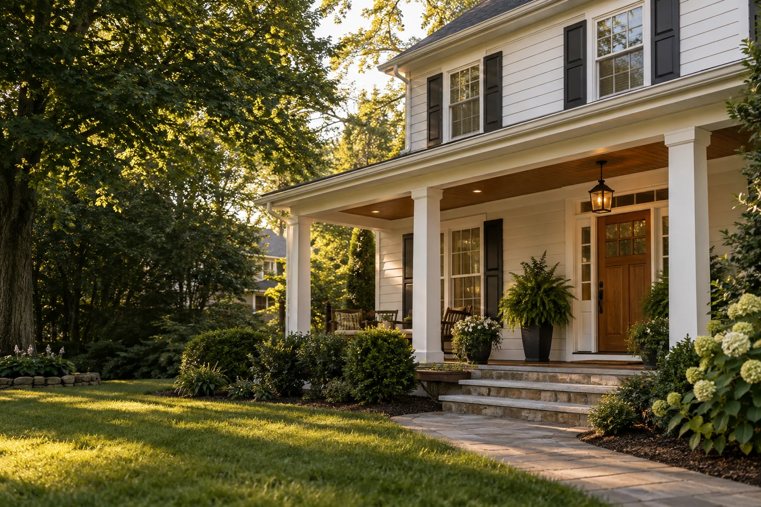 Modern farmhouse front porch with white columns, wooden door, and manicured landscaping