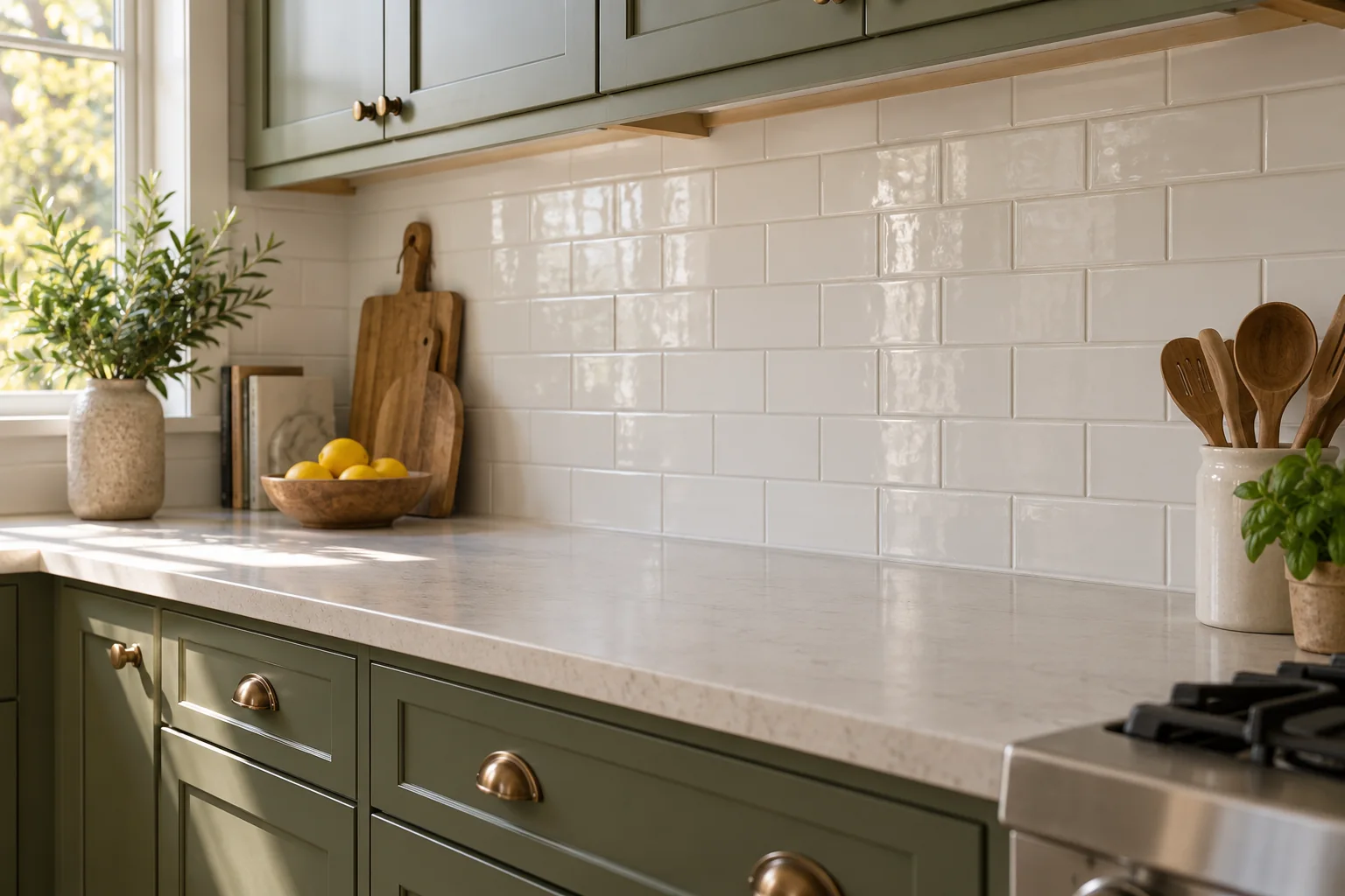 Modern kitchen with sage green cabinets, white subway tile backsplash, and marble countertop